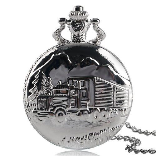 Luxury Pocket Watch, Solid Silver Lorry Carving Pocket Watches for Men Women