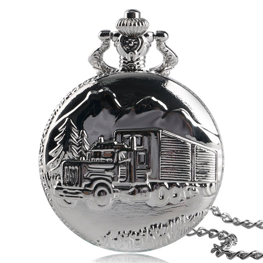 Luxury Pocket Watch, Solid Silver Lorry Carving Pocket Watches for Men Women